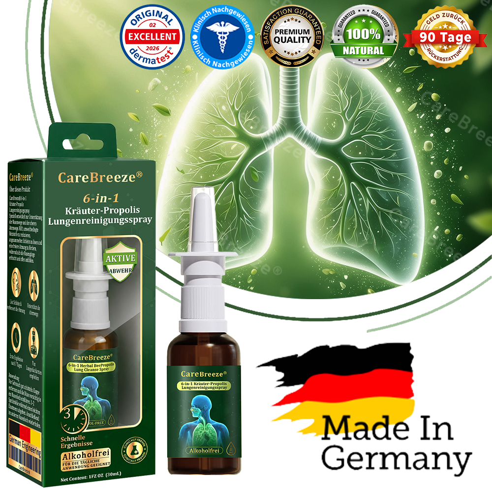 💚🇩🇪 Offizieller Store：CareBreeze® 6-in-1 Kräuter-Propolis Lungenreinigungsspray-Feinzerstäubung(⚡Sofortige Linderung🫁Langzeitwirkungen)