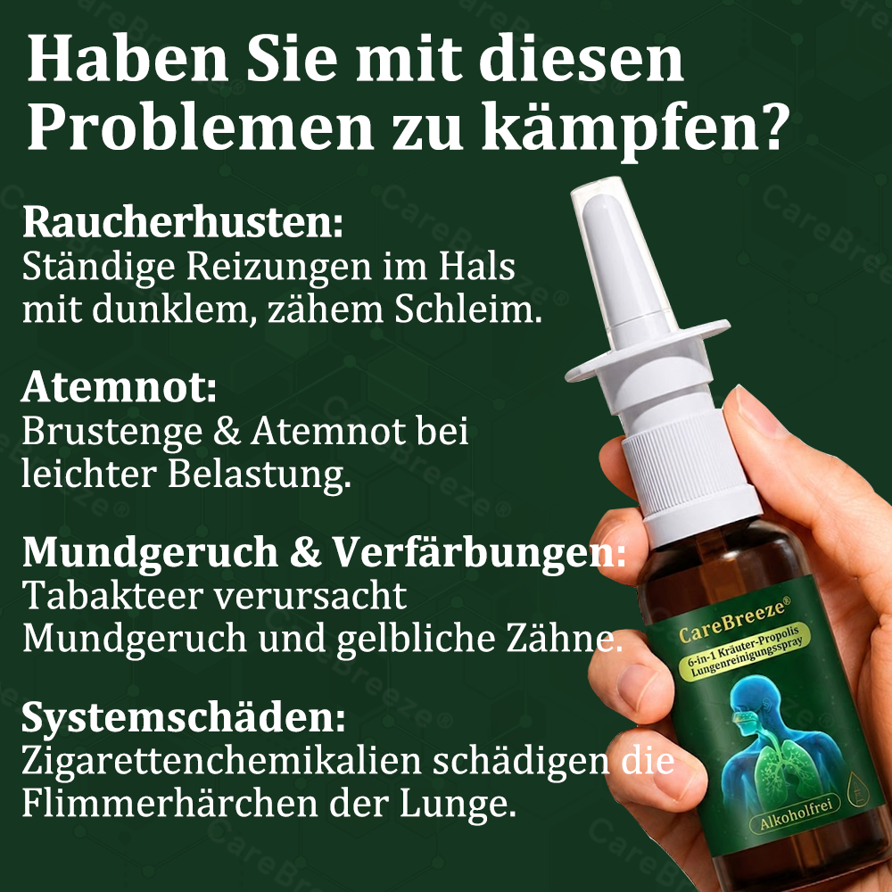 💚🇩🇪 Offizieller Store：CareBreeze® 6-in-1 Kräuter-Propolis Lungenreinigungsspray-Feinzerstäubung(⚡Sofortige Linderung🫁Langzeitwirkungen)