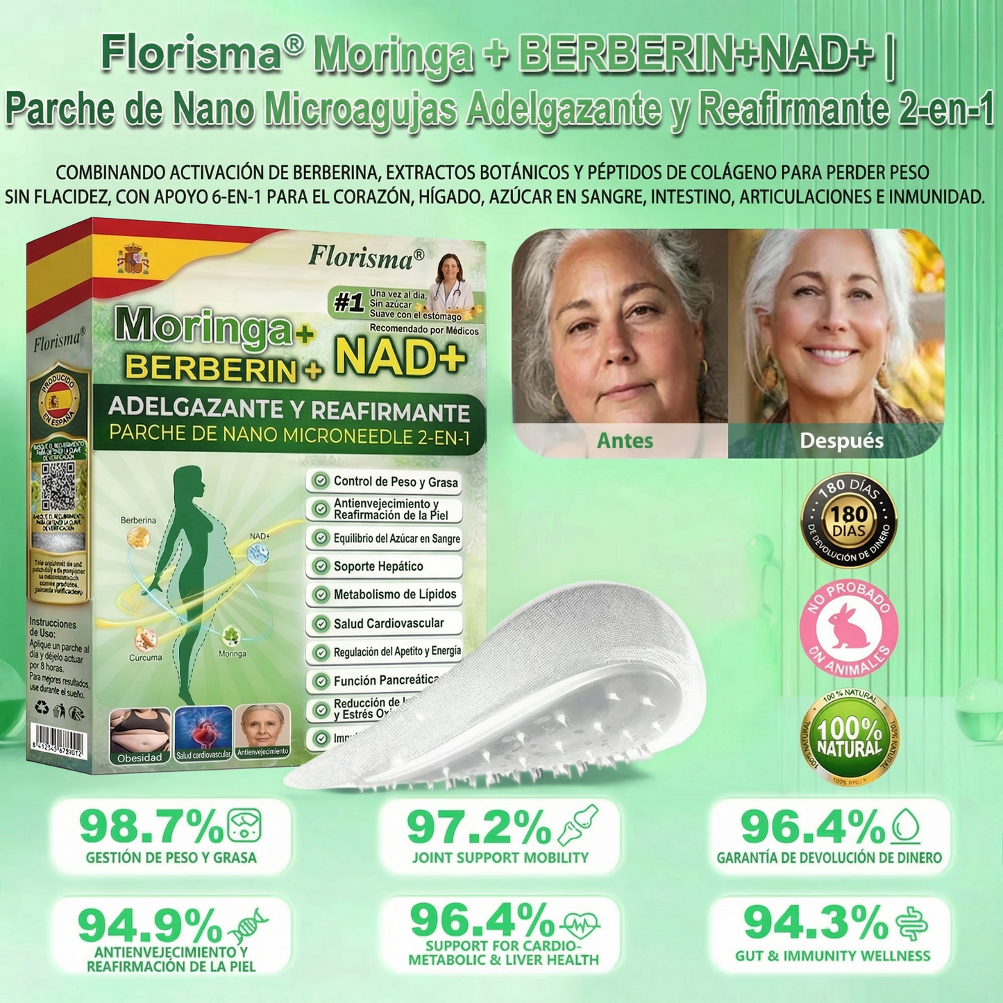 Pago contra entrega [70 % de descuento] Florisma® 👩‍⚕️ Parches microagujeros premium 10 en 1 con moringa y berberina. Indicados para la obesidad, la diabetes, la apnea del sueño y los problemas articulares💟