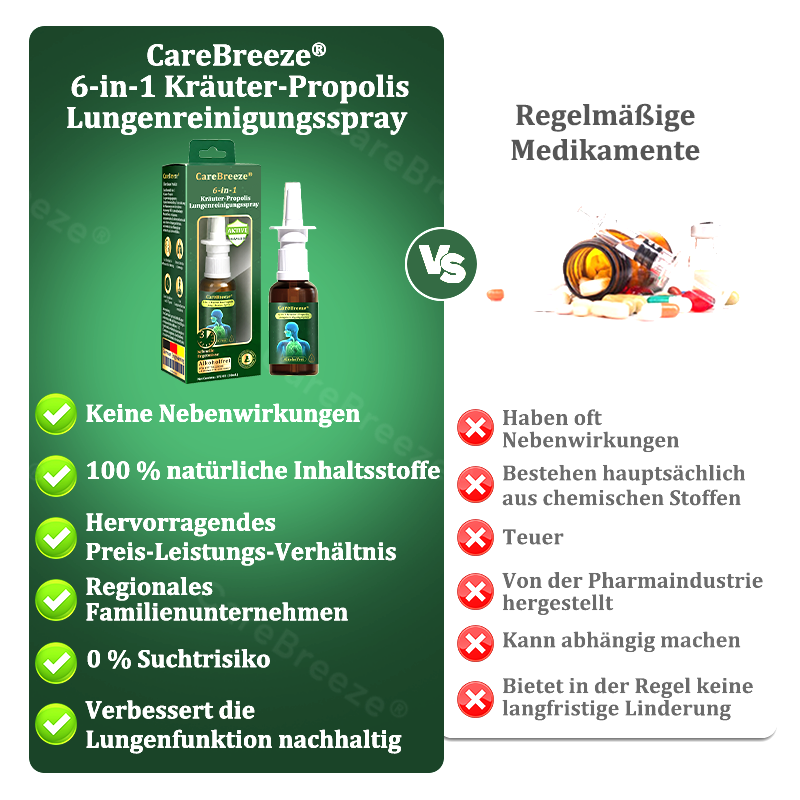 💚🇩🇪 Offizieller Store：CareBreeze® 6-in-1 Kräuter-Propolis Lungenreinigungsspray-Feinzerstäubung(⚡Sofortige Linderung🫁Langzeitwirkungen)