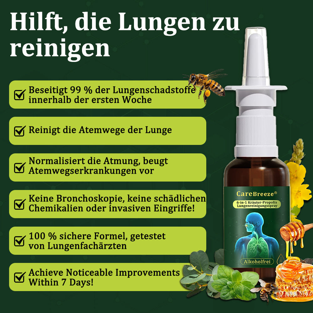 💚🇩🇪 Offizieller Store：CareBreeze® 6-in-1 Kräuter-Propolis Lungenreinigungsspray-Feinzerstäubung(⚡Sofortige Linderung🫁Langzeitwirkungen)